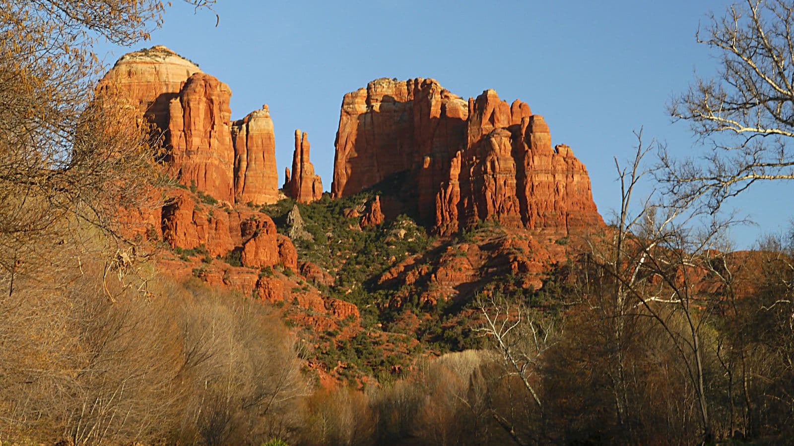 Cathedral Rock formation reflected in Oak Creek, Sedona Arizona