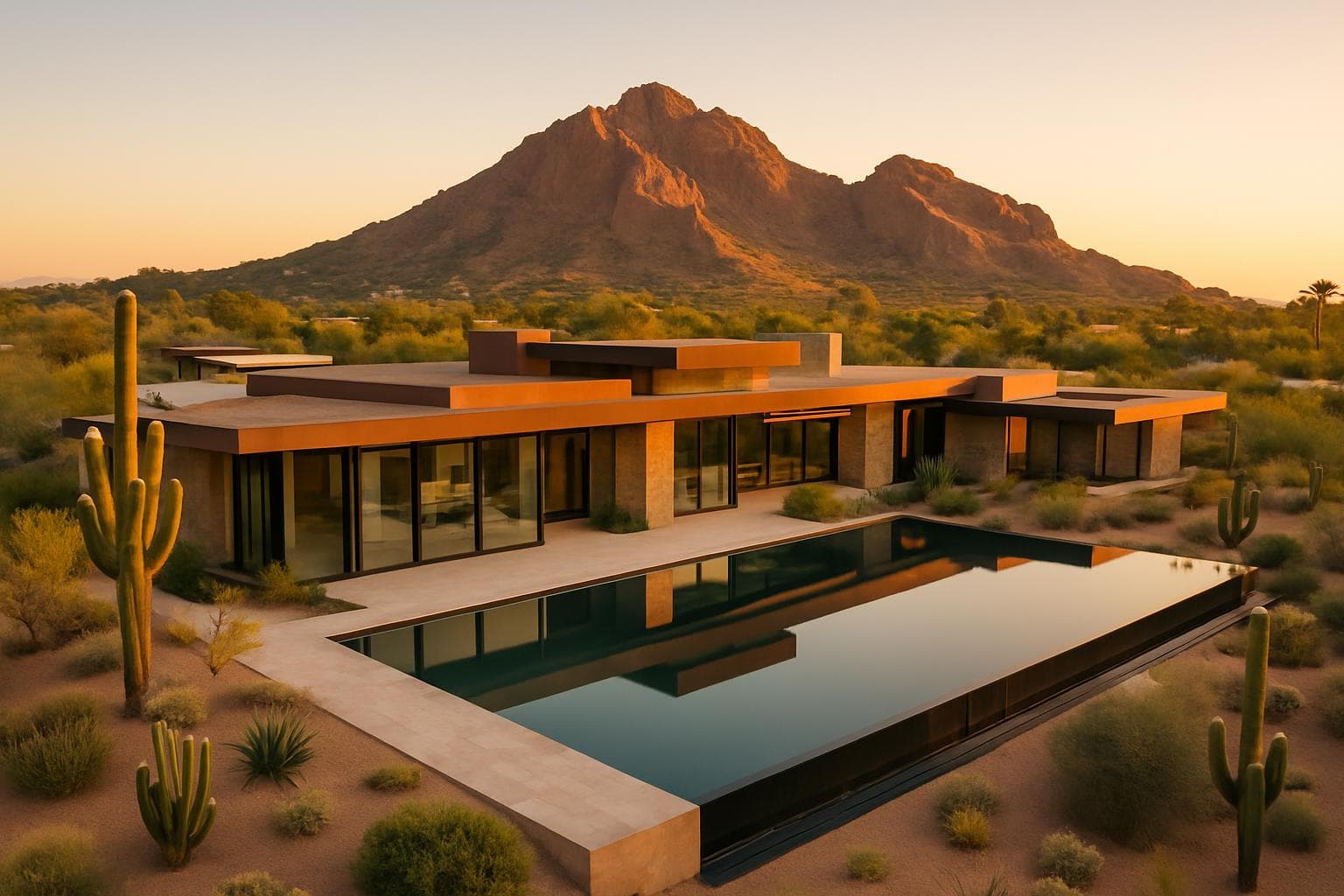 Ultra-luxury modern estate in Paradise Valley Arizona with infinity pool and Camelback Mountain views at golden hour