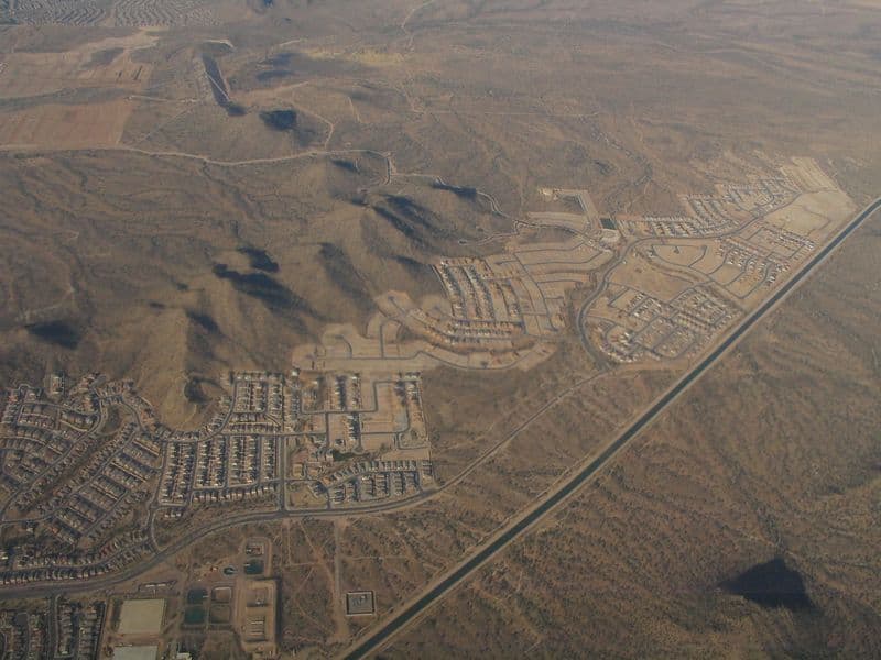 Aerial view of Phoenix suburban development at the desert edge, north Phoenix valley